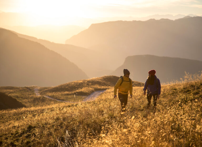 Wanderer in Gegend Passo Rolle, Dolomiten